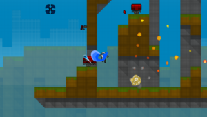 A screenshot of the game GunnRunner of the player jumping and slashing an emeny.